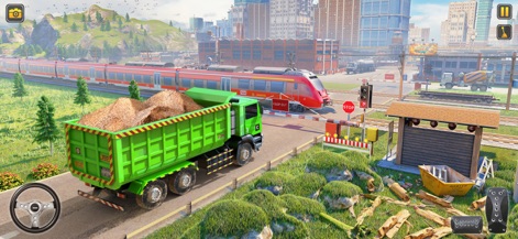Construction Excavator Game 3d - La captura muestra al camión transportando madera por una vía férrea, destacando la presencia de un tren rojo y la complejidad de los cruces de nivel.