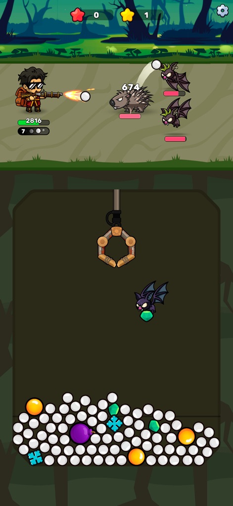 Claw Master – Roguelike Hero - Observe the hero battling distinct creatures such as quillbeasts and flying bats within a mysterious dungeon, alongside the classic claw actively acquiring new items.