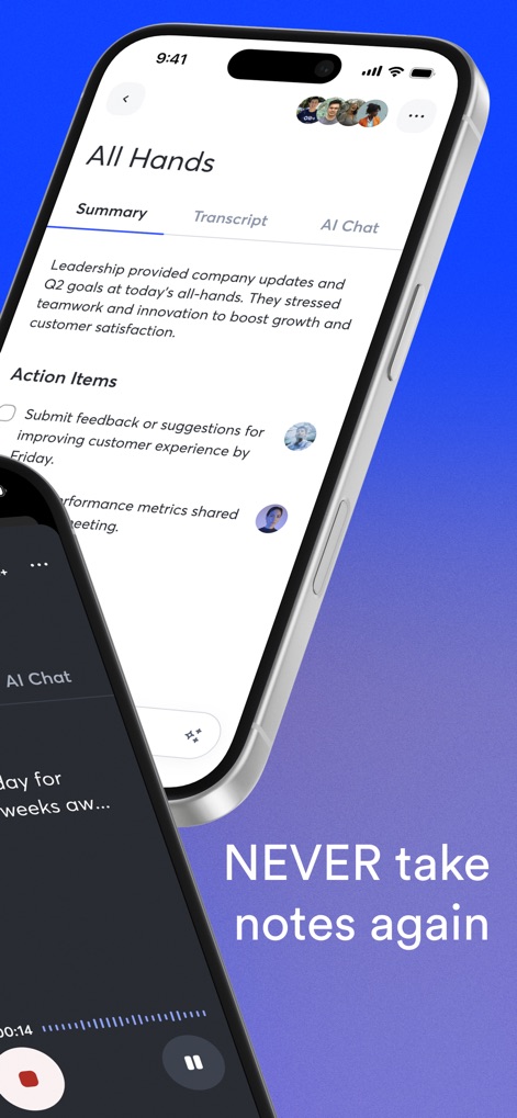 Otter Transcribe Voice Notes - La interfaz presenta un "Summary" detallado de reuniones con "Action Items" claros, lo que subraya la función de inteligencia artificial de la aplicación para generar resúmenes automáticos.