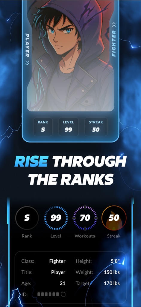 Arise: Level Up In Real Life - Explore the comprehensive player profile, showcasing "RANK S" and "LEVEL 99", along with a detailed stat breakdown including class, height, and target weight.