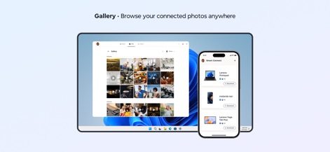 Lenovo Smart Connect - The app's Gallery feature is highlighted, enabling users to browse and view their iPhone photos directly from a PC screen, while the mobile interface confirms active device connections.