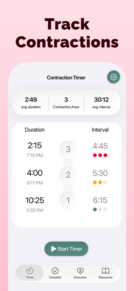 Contraction Timer ＆ Tracker - Esta pantalla ofrece un seguimiento completo con estadísticas clave como la 'avg. duration' en la parte superior, y los usuarios pueden navegar fácilmente a otras secciones útiles a través de la barra de navegación inferior con opciones como 'Checklist' y 'Exercises'.