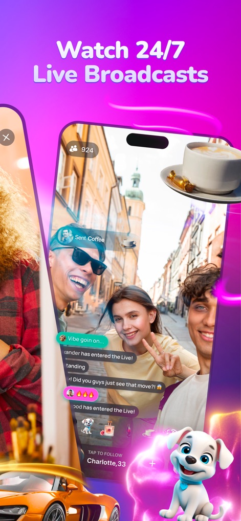 TopLive: Watch Live Streams - Esta captura muestra la funcionalidad de transmisión en vivo 24/7, permitiendo a los usuarios unirse a las emisiones y seguir directamente a los creadores con el botón "TAP TO FOLLOW Charlotte, 33", mientras que el envío de regalos, como el "Sent Coffee", enriquece la interacción.