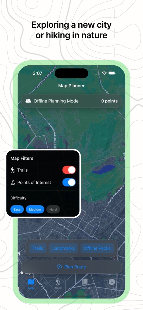 Offline RouteMap 3D - The app offers robust map filters, allowing users to toggle 'Trails' and 'Points of Interest' for tailored exploration in any environment.