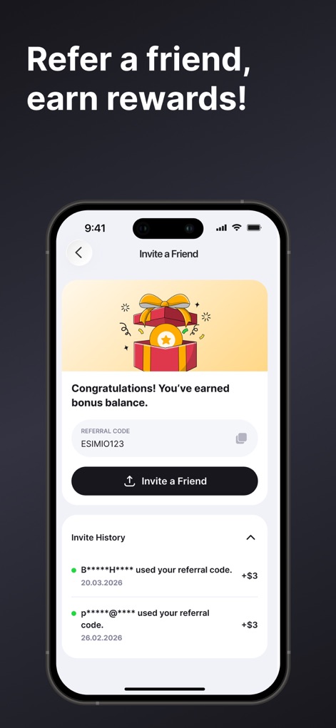 eSIM io: Global SIM Card - ユーザーは、ユニークな紹介コードを使用して友人を招待し、その招待履歴と獲得したボーナス残高を視覚的に確認できます。