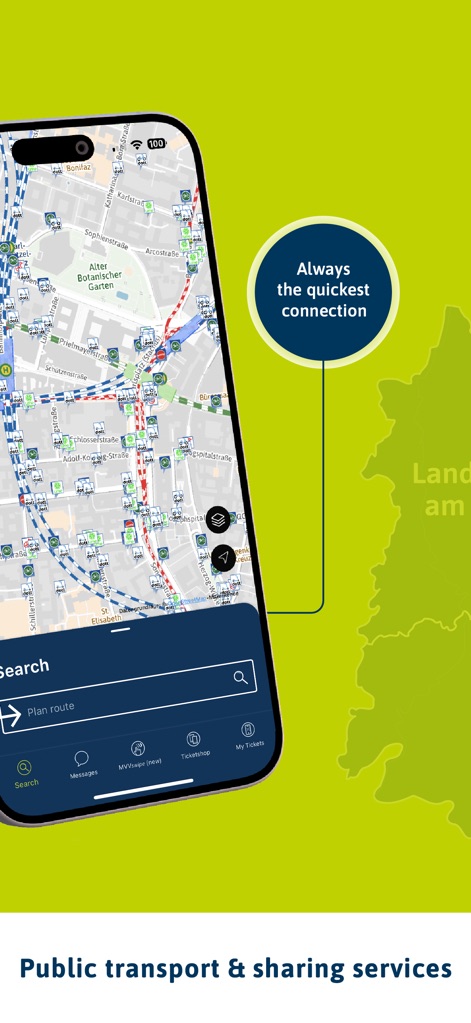 MVV-App - Un mapa detallado de Múnich se muestra en la pantalla, acompañado de una barra de búsqueda central y opciones de movilidad en la parte inferior, facilitando la planificación de rutas para los usuarios.