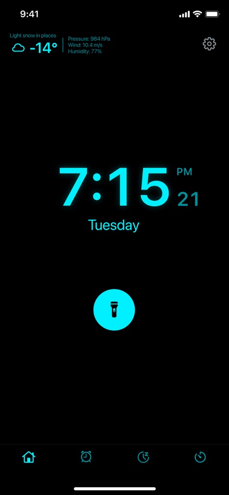 Smart Alarm Clock - Waking Up - Users benefit from essential utilities like an integrated weather display and one-tap flashlight access directly from the main clock screen.