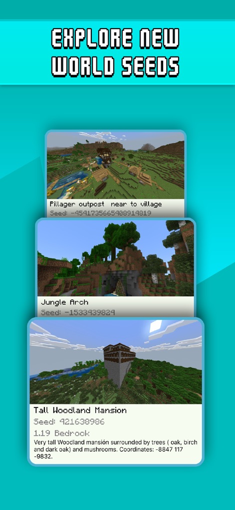 Find Diamonds!™ Minecraft Ores - Os usuários podem explorar uma variedade de sementes de mundos únicas, com imagens de pré-visualização que mostram estruturas como a Mansão na Floresta e descrições detalhadas de cada paisagem.