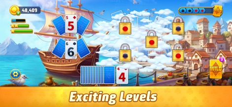 Solitaire TriPeaks Journey - Observe the strategic game board setup featuring locked cards and a detailed harbor background with a ship, highlighting the "Exciting Levels" and diverse challenges.