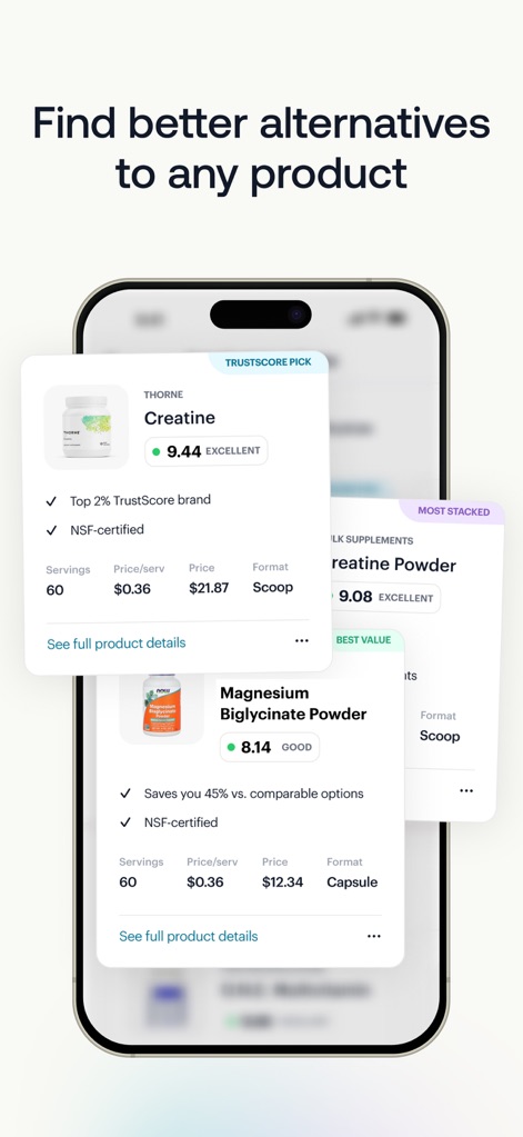 SuppCo: Supplement Scanner - The app helps users find superior product alternatives, displaying TrustScore picks, comparative pricing, and important certifications like NSF-certified.