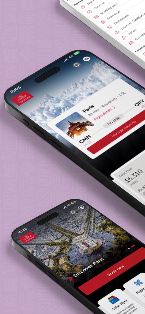 Royal Air Maroc - La aplicación permite a los usuarios gestionar reservas fácilmente, mostrando detalles de vuelos como "Paris a CMN", y ofrece acceso rápido a servicios adicionales desde el menú como "Check in".