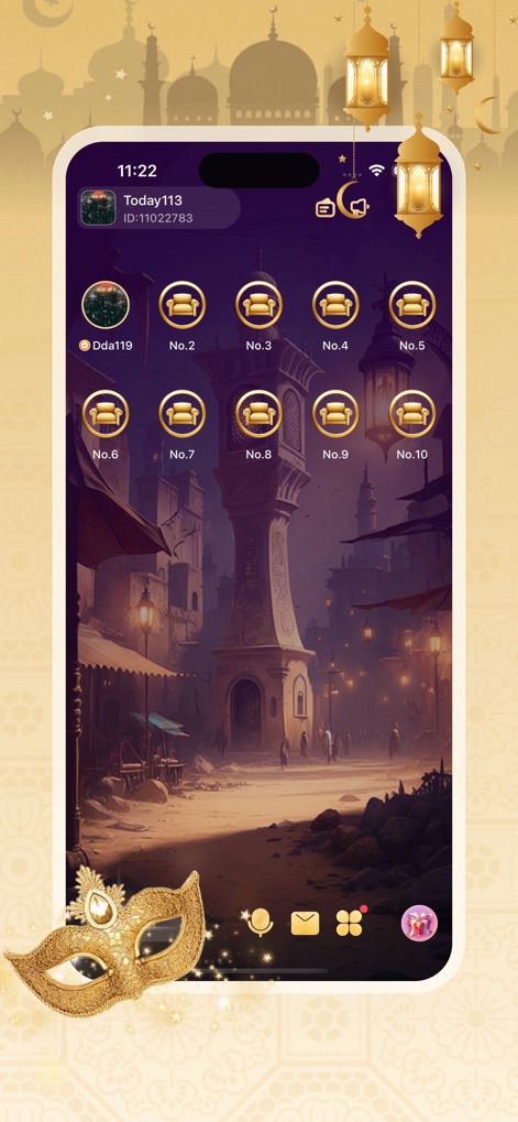 Sudfa - Los usuarios descubren salas de chat numeradas desde el 'No.1' hasta el 'No.10', presentadas sobre un cautivador fondo que representa un paisaje urbano nocturno de estilo árabe, invitando a la interacción y exploración.