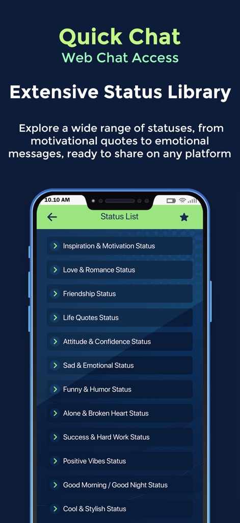 Whats Web Scanner: Quick Chat - La aplicación ofrece una extensa biblioteca de estados organizada por categorías, permitiendo a los usuarios explorar una lista variada de temas, desde 'Inspiration & Motivation Status' hasta 'Funny & Humor Status'.