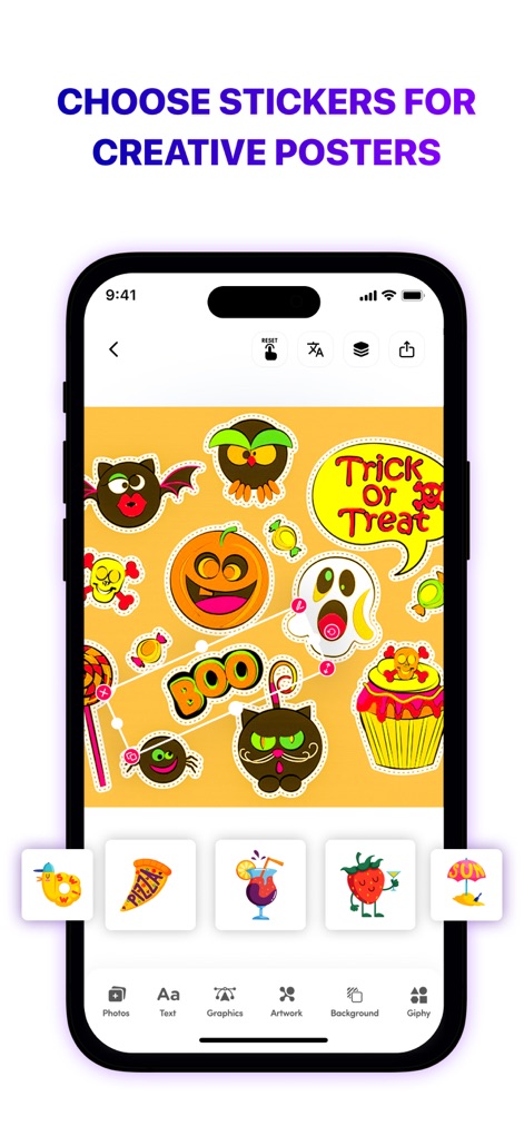 Poster Maker - AI Flyer Design - 이 도구는 '할로윈 호박'과 '유령' 스티커를 포함한 풍부한 컬렉션에서 창의적인 스티커를 선택하여 포스터를 독특하게 꾸밀 수 있도록 돕습니다.