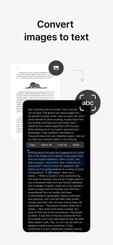 vFlat Scan - PDF Scanner, OCR - La función de reconocimiento de texto (OCR) transforma imágenes en texto, permitiendo la 'selección del texto' con el 'icono de 'abc'' que simboliza esta conversión.