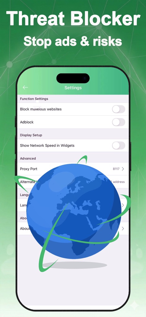 Panda VPN: Stream & Game Fast - A seção de configurações apresenta opções para "Block malicious websites" e "Adblock", fornecendo ferramentas eficazes para os usuários "Stop ads & risks" e proteger sua navegação.