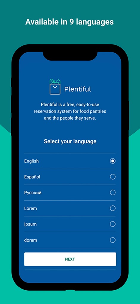 Plentiful - O aplicativo oferece suporte multilíngue, permitindo que os usuários selecionem seu 'idioma preferido' em uma lista clara e prossigam para a próxima etapa usando o botão 'NEXT'.