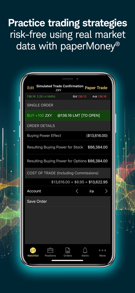 thinkorswim: Trade. Invest. - Nutzer können risikofrei Handelsstrategien mit Echtzeitdaten testen, indem sie die "Paper Trade"-Funktion nutzen und dabei detaillierte "SINGLE ORDER"-Bestätigungen erhalten, bevor sie echte Trades ausführen.