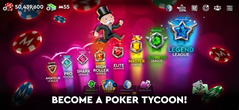 MONOPOLY Poker - Texas Holdem - El sistema de progresión de la aplicación permite a los usuarios ascender a través de diversas ligas, desde "Amateur League" hasta "Legend League", mostrando un claro camino hacia la maestría.
