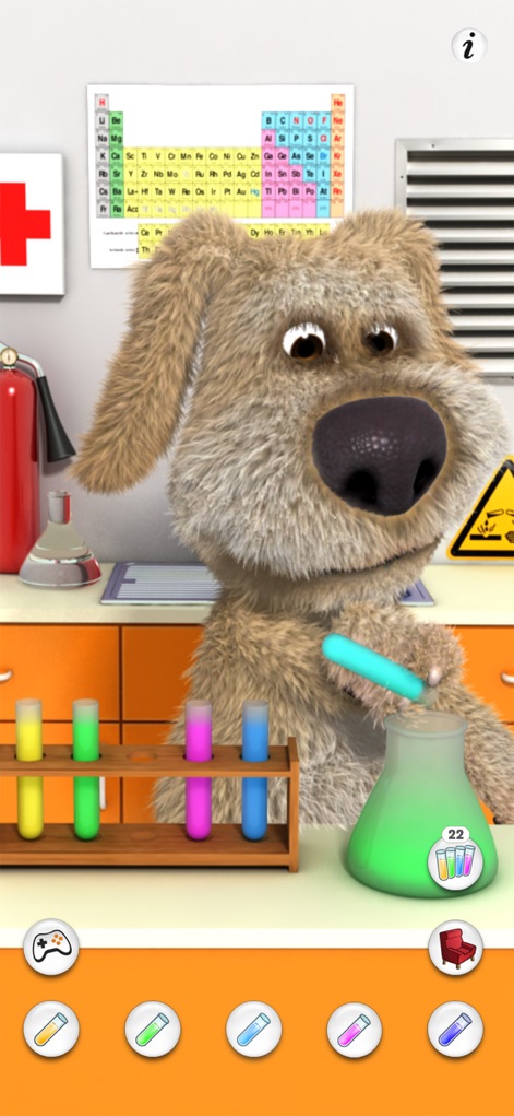Talking Ben the Dog - This app transports users to Ben's laboratory, showcasing him mixing colorful test tubes with a periodic table in the background for educational play.