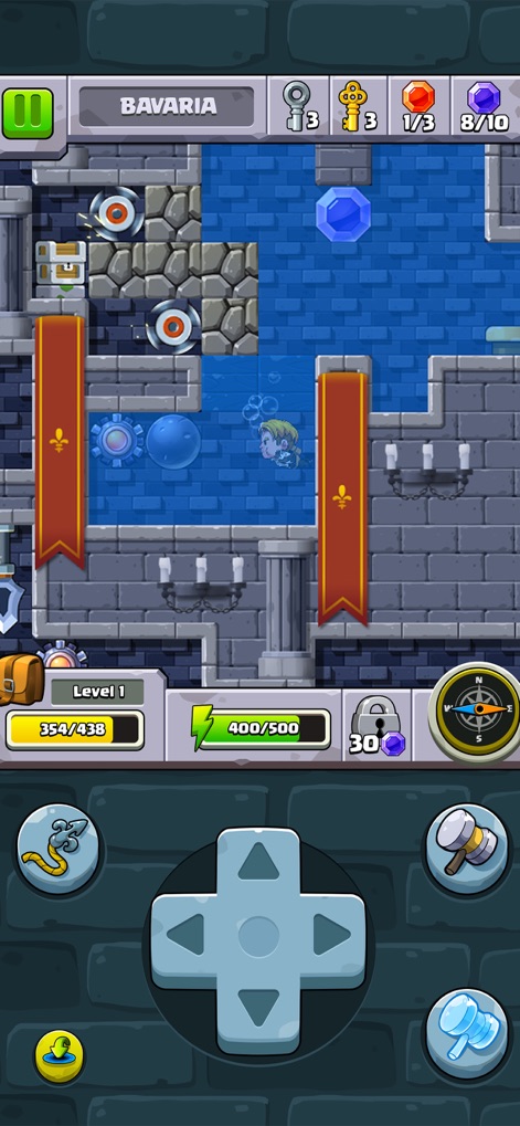 Diamond Quest: Don't Rush! - Witness the explorer navigating submerged sections of the Bavaria castle, avoiding dangerous cogwheel traps while collecting blue gems.