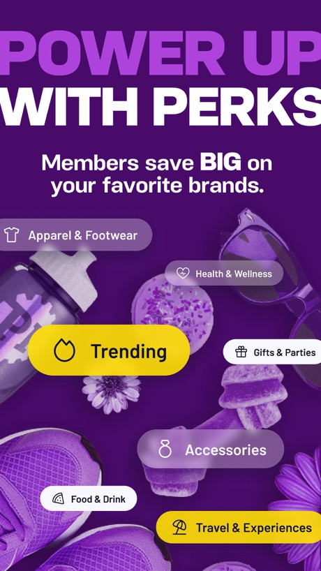 Planet Fitness App Store screenshot 6, headline “POWER UP WITH PERKS”. Playful tone.