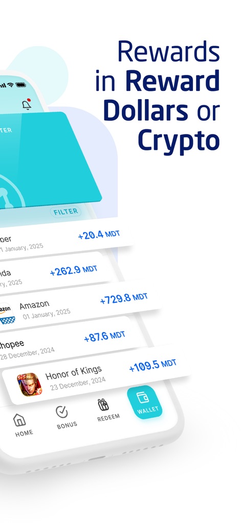 RewardMe - Shop & Earn Rewards - Users can track their accumulated rewards, displayed as specific MDT amounts per transaction, and manage them within the dedicated 'WALLET' section of the app.