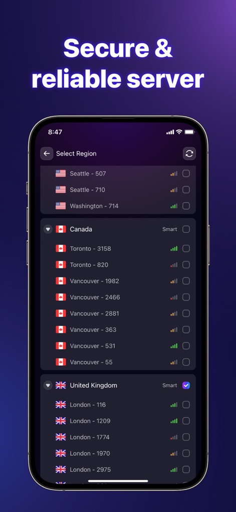 WebShield VPN - Private&Secure - Discover the comprehensive 'Select Region' interface, offering a diverse list of servers grouped by country flags and accompanied by visual signal strength indicators for optimal selection.