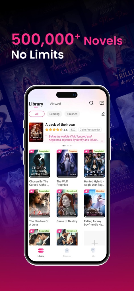 NovelFlow: Unlimited Books - Discover the app's extensive library view, showcasing both completed and ongoing stories with clear status labels for easy tracking.