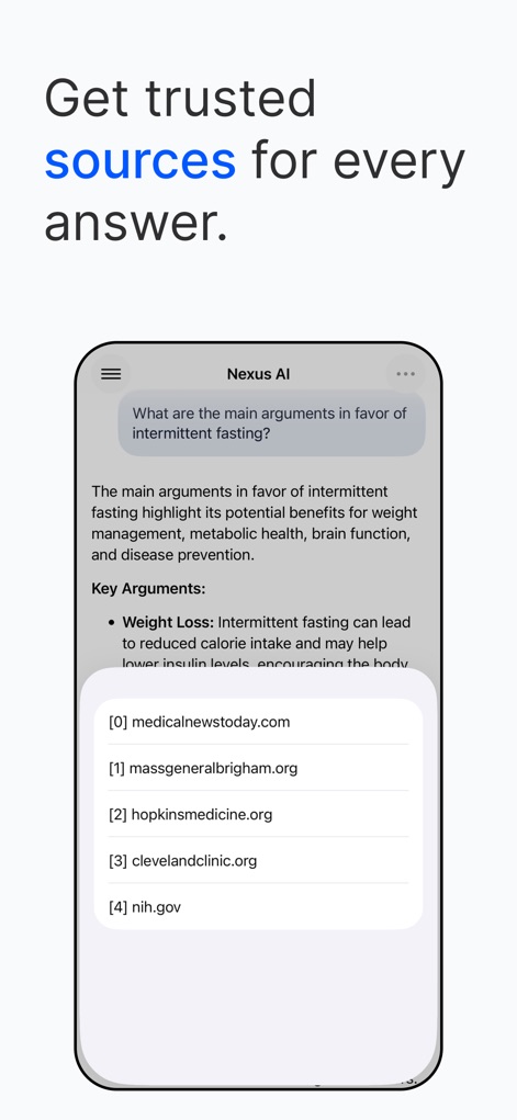 Nexus AI Chat Assistant - Esta imagem enfatiza o compromisso do aplicativo com a precisão, apresentando argumentos chave para um tópico de saúde e, crucialmente, exibindo uma lista de fontes web verificadas para cada resposta.
