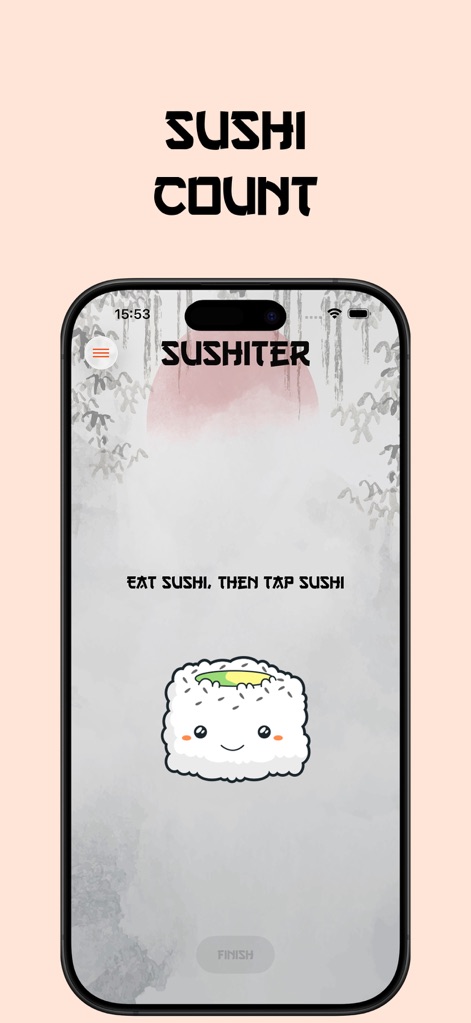 Sushiter: Sushi Count - Discover the core functionality with the "EAT SUSHI, THEN TAP SUSHI" prompt and the engaging, tap-responsive sushi character.