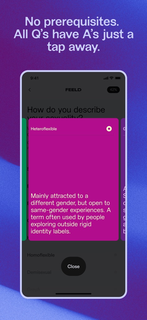 Feeld: Dating for the Curious - La aplicación ofrece definiciones detalladas para cada término, como 'Heteroflexible', directamente en la pantalla de selección de sexualidad, garantizando que los usuarios comprendan y se identifiquen con precisión.