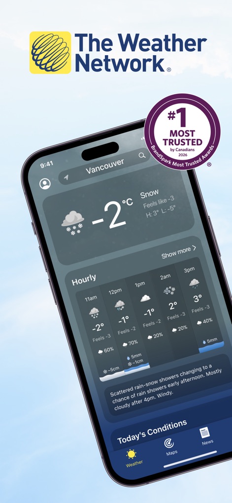 The Weather Network - この画面では、バンクーバーの現在の気温である「-2℃」や、「Feels like -3℃」といった体感温度が表示され、ユーザーは正確な現在の状況を把握できます。また、数時間先までの時間ごとの詳細な天気予報（Hourly Forecast）も提供され、計画に役立ちます。