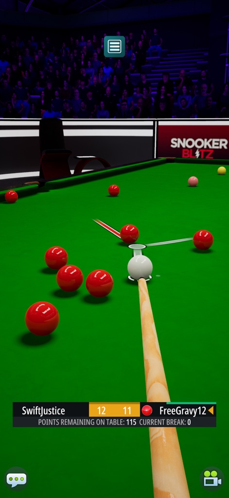 Snooker Blitz - Questa visuale offre una prospettiva immersiva in prima persona con la stecca da biliardo, evidenziando le numerose palle rosse sparse sul tavolo da gioco.