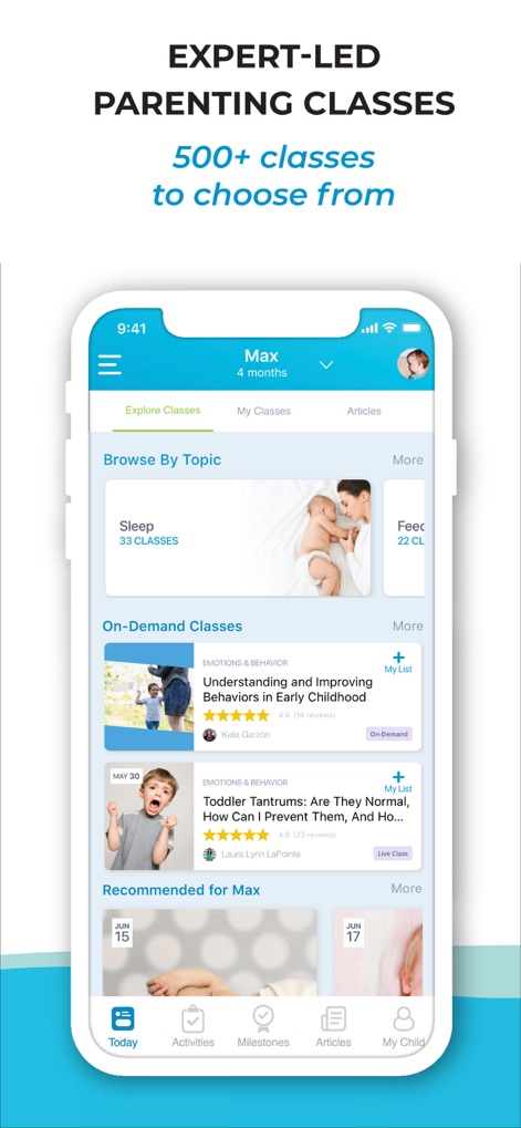 BabySparks - Development App - See how the app offers over 500 expert-led parenting classes and organized topic sections for specialized learning.