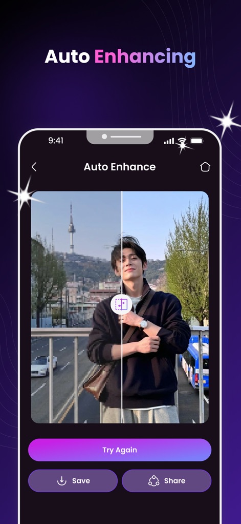AgeLapse – Face Age Changer - Experience the efficiency of the "Auto Enhance" feature, presenting a clear "before-and-after slider" comparison that instantly boosts image brightness and contrast.
