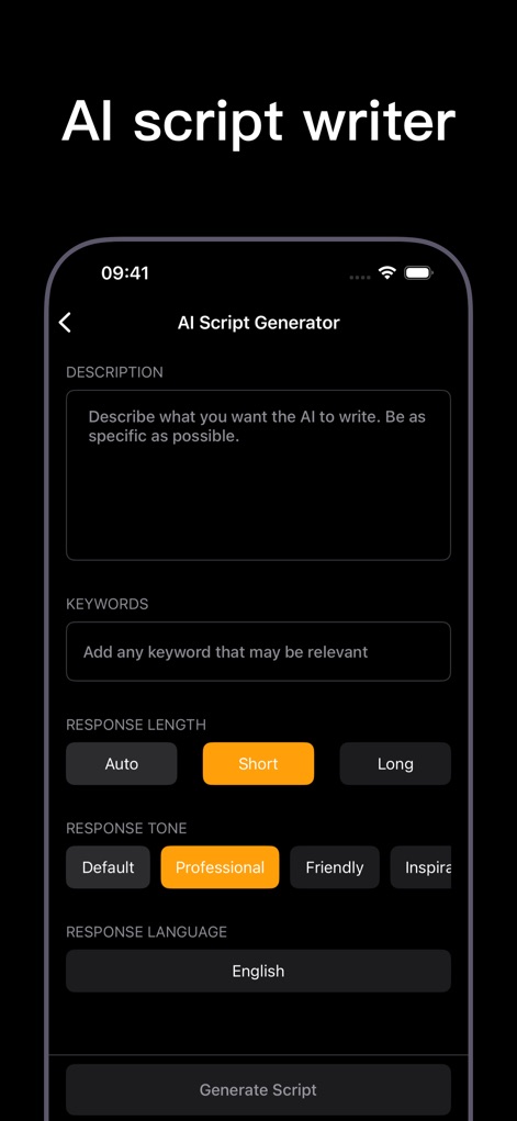 Teleprompter App for Video - Leverage the AI script generator by inputting detailed descriptions and keywords, then refining the output with various tone selection options.
