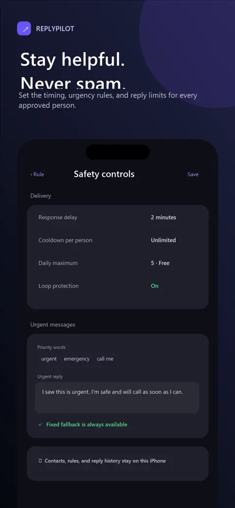 ReplyPilot response timing, urgency, and daily limit controls