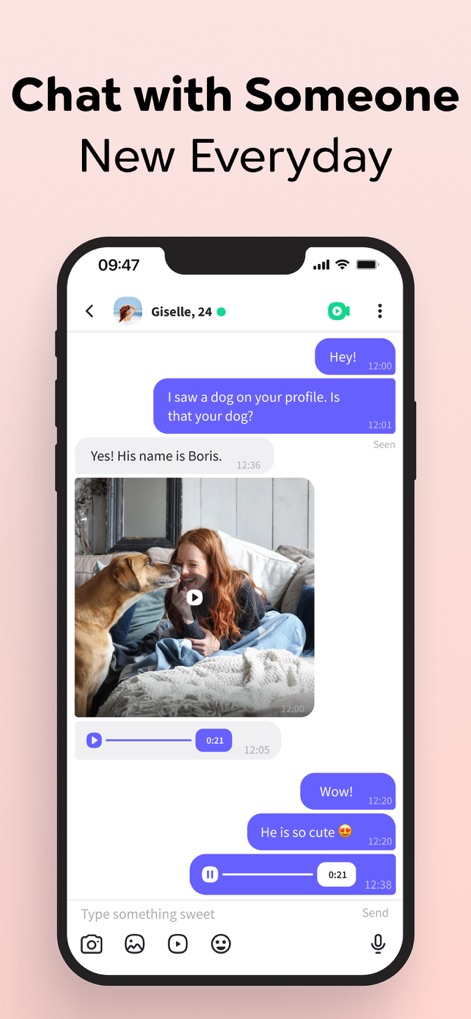 Waplog - Dating & Video Call - The app facilitates dynamic conversations with seamless text exchanges and integrated multimedia capabilities, as demonstrated by the embedded video message feature.