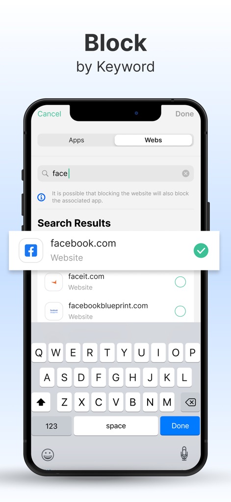 BlockSite: Block Apps & Focus - This screen highlights the premium feature to block sites by specific keywords and allows users to select from associated search results.