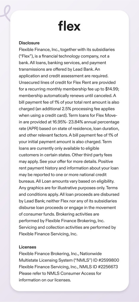 Flex - Rent On Your Schedule - This section presents critical financial disclosures and lists necessary NMLS license information, providing full operational transparency.