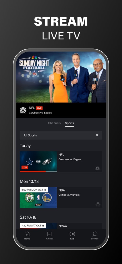 NBC Sports - ライブTV視聴を示すこの画面では、「Cowboys vs. Eagles」のNFL試合がトップに大きく表示され、その下に本日のライブイベントと、月曜日10月13日の試合スケジュールが詳細にリストアップされています。