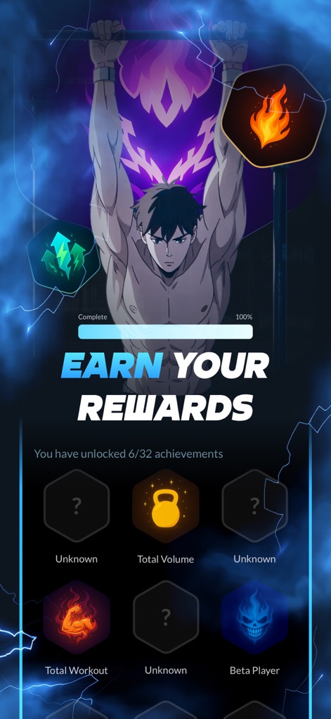 Arise: Level Up In Real Life - Witness the gamified rewards system, where users can track their achievements progress and unlock badges like "Total Volume" and "Total Workout" for their efforts.