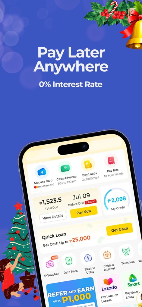 Mocasa: Pay Later & Quick Loan - The app's intuitive dashboard offers a quick overview of financial services, showcasing options like the Mocasa Card and convenient Pay Bills feature.