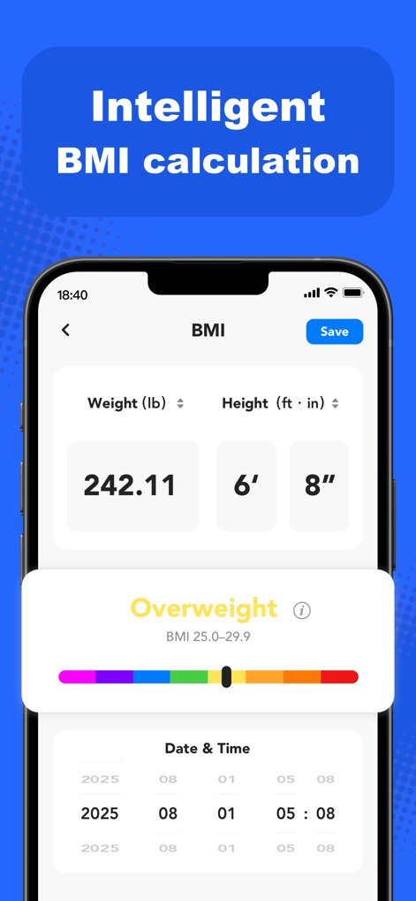 Blood Pressure - Health Pulse - La aplicación calcula el Índice de Masa Corporal ingresando el peso en "lb" y la altura en "ft·in", mostrando un estado de "Overweight" y un historial cronológico.