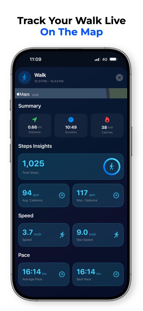 MySteps - Step Counter - This tool provides accurate real-time activity tracking, showcasing a detailed route map and essential session statistics like speed and pace.
