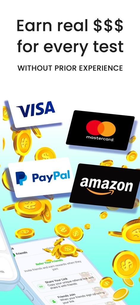 MONEY CASH - Fun & Earn - Gli utenti possono incrementare i propri guadagni invitando amici attraverso la funzione 'Refer Your Friends', con possibilità di riscatto per una vasta gamma di opzioni, inclusi i circuiti 'VISA' e 'Mastercard'.