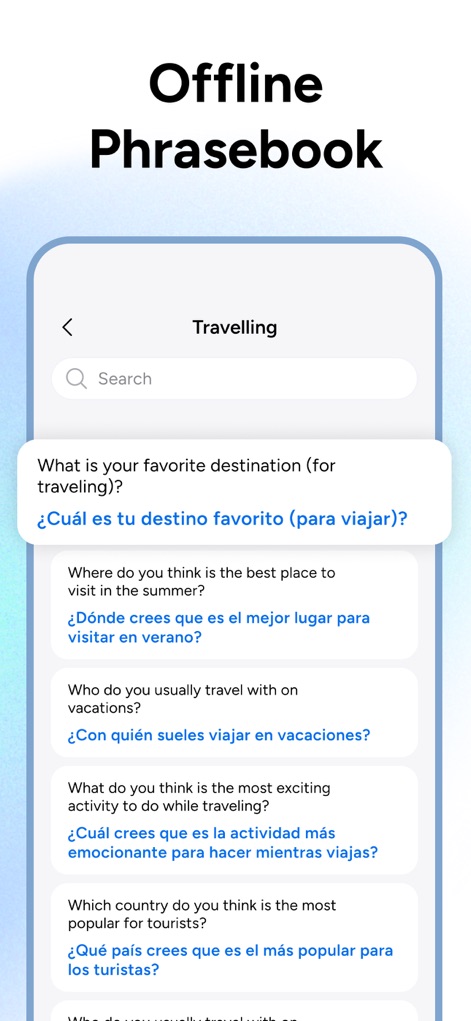 Translate AI • AI Translator - El cuaderno de frases sin conexión es invaluable para viajeros, ofreciendo una lista de **preguntas comunes en inglés** y sus **traducciones precisas al español** para uso en situaciones con conectividad limitada.