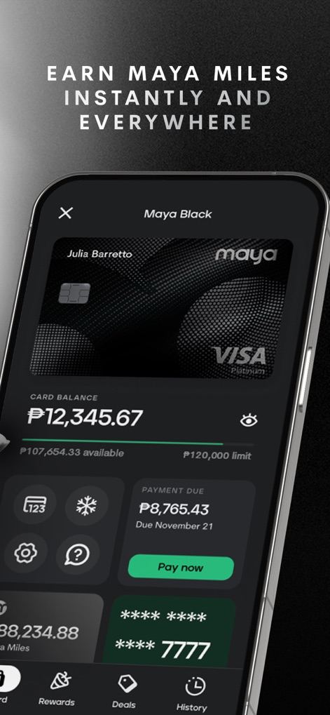 Maya – savings, loans, cards - This screen reveals comprehensive credit card management, displaying the current card balance and available credit, alongside an overview of 'Maya Miles' earned.