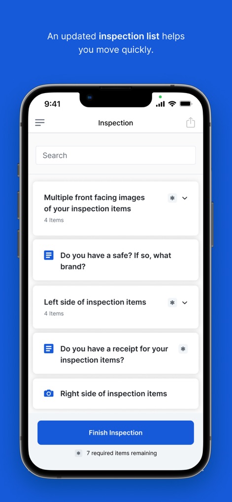 Truepic Vision - Users can navigate a clear 'Inspection' list, detailing required items and tasks before initiating image capture, ensuring a structured approach.
